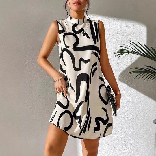 Damen A-linien Minikleid mit modernem grafischem Muster und Stehkragen EB
