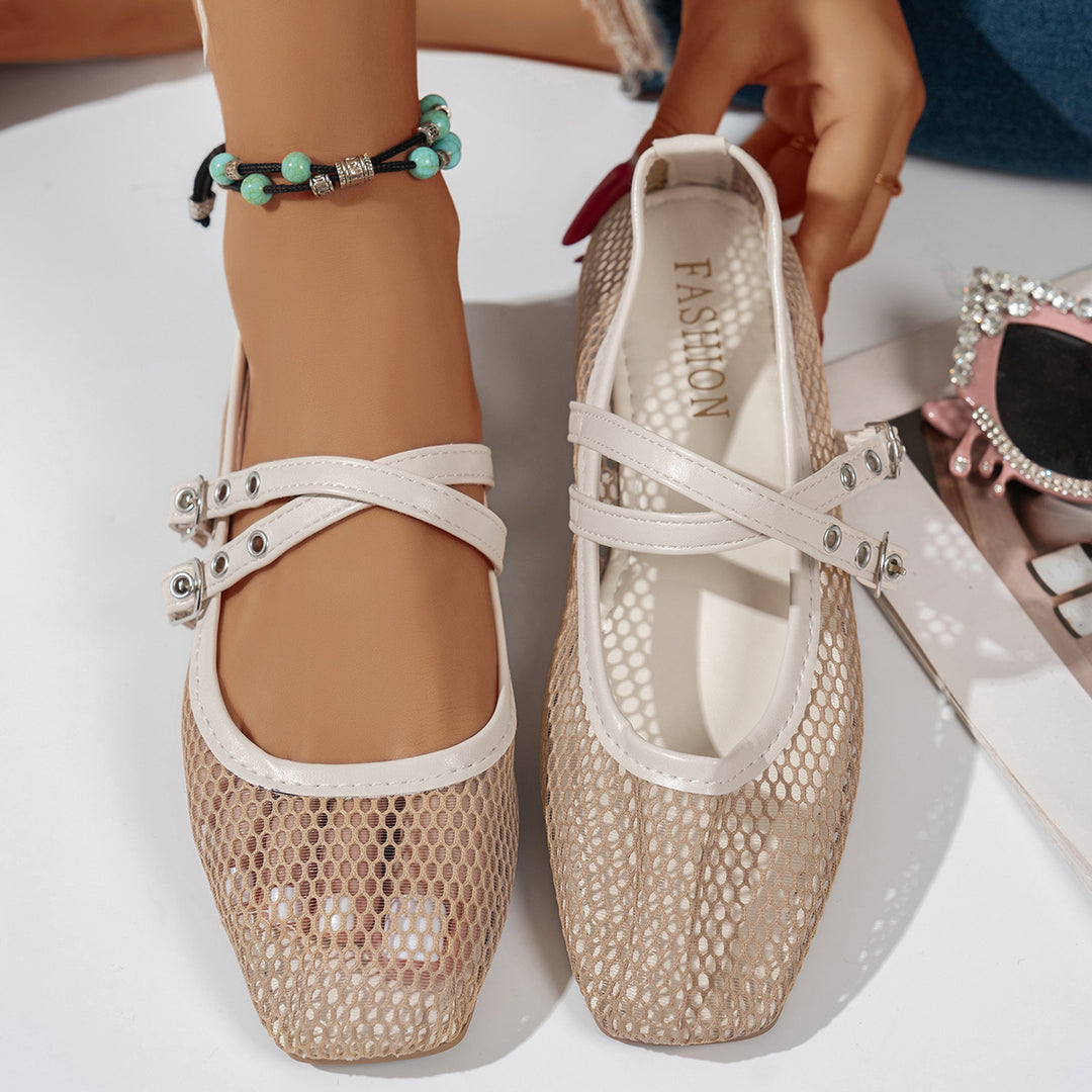 Damen modische Ballerinas mit atmungsaktivem Netzdesign und verstellbaren Riemen EB