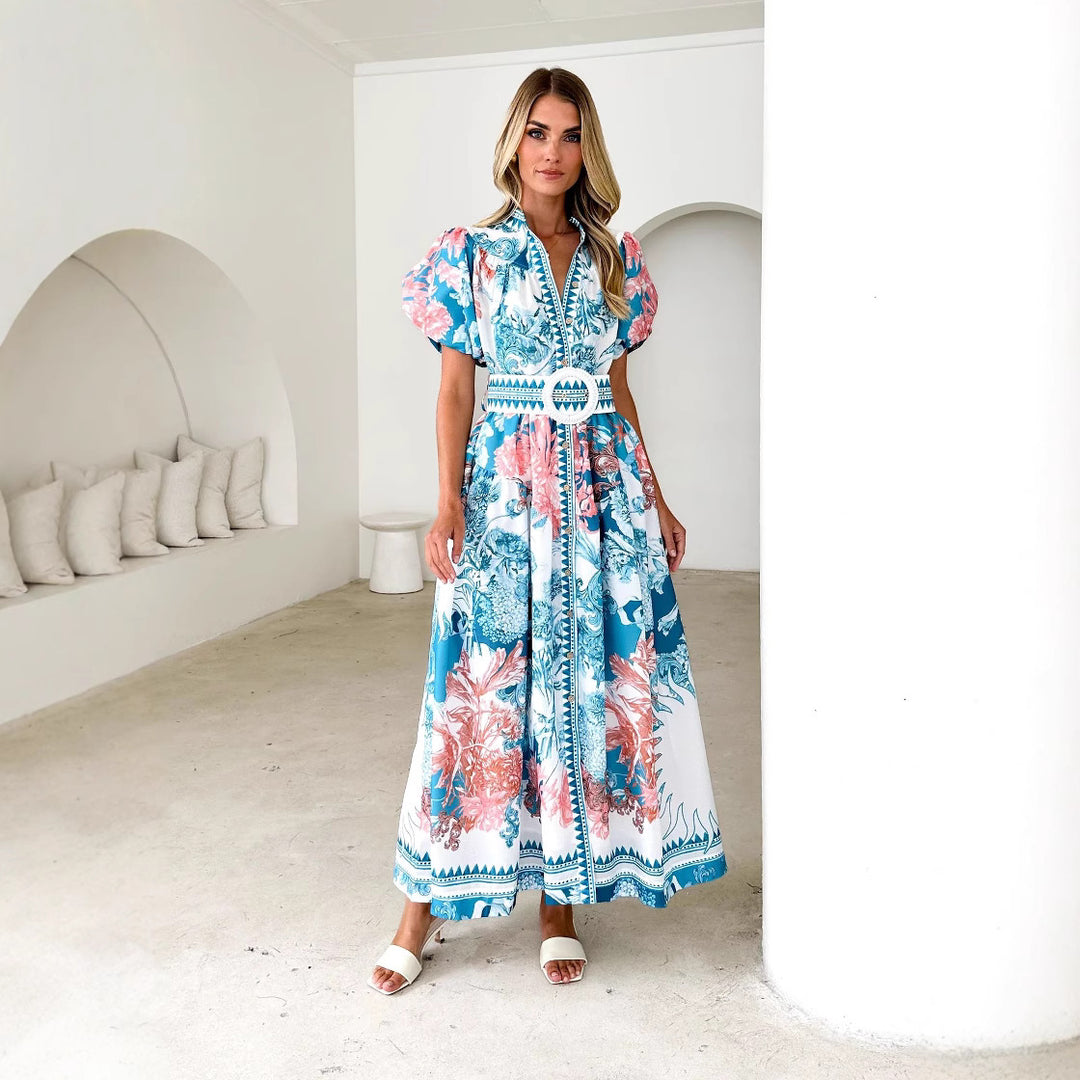 Damen Maxikleid mit hohem Kragen und eleganten Puffärmeln EB