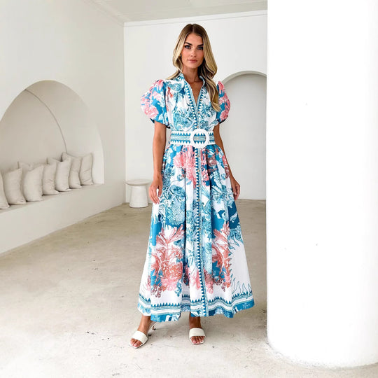 Damen Maxikleid mit hohem Kragen und eleganten Puffärmeln EB