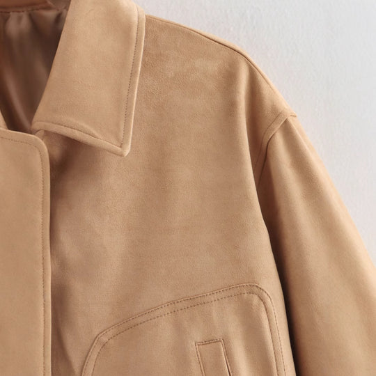 Damen cropped Wildlederjacke im lässigen Stil mit Druckknopfverschluss EB