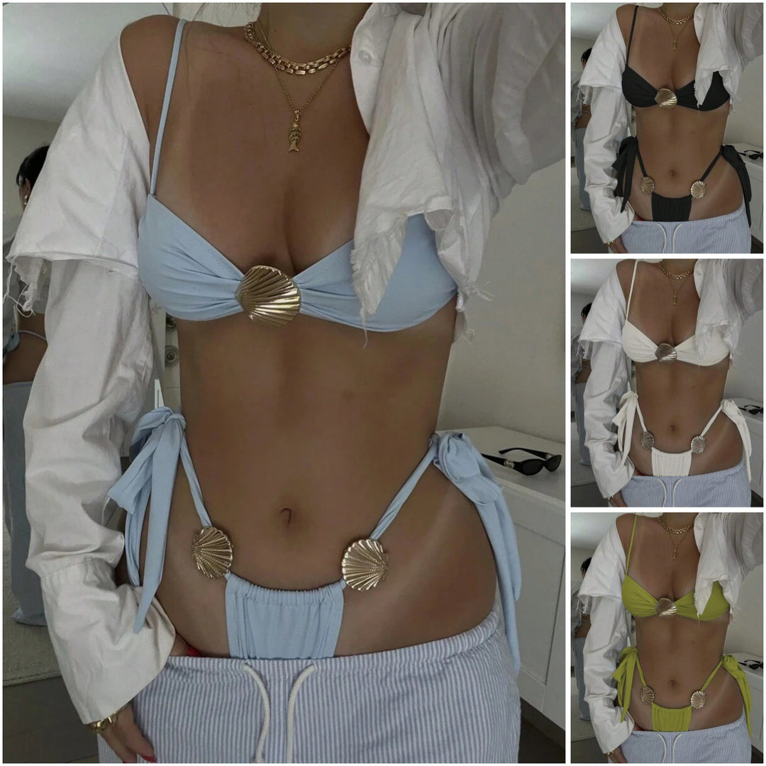 Damen Triangel-Bikini mit goldenen Muschel-Details EB