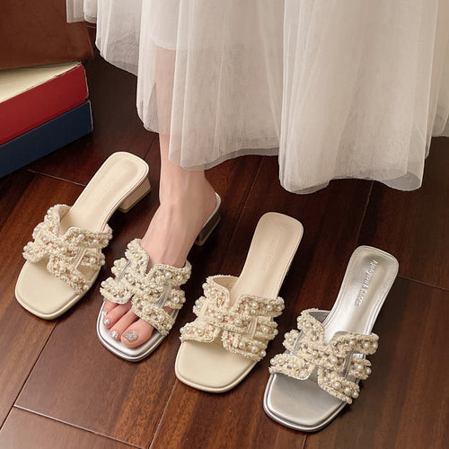 Damen Glamouröse Sandalen mit Perlenapplikationen und elegantem Blockabsatz EB