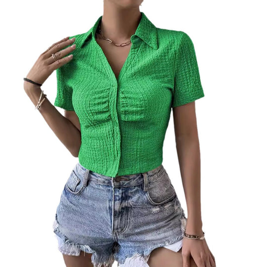 Damen Kurzarm Bluse mit strukturiertem Material und V-Ausschnitt EB