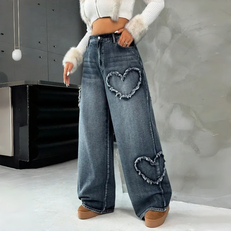 Damen Weite Jeans mit Herz-Stickerei und lässigem Schnitt EB