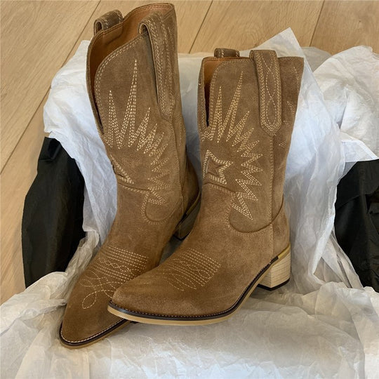 Damen nan Wildleder Westernstiefel mit spitzer Kappe und mittelhohem Blockabsatz EB
