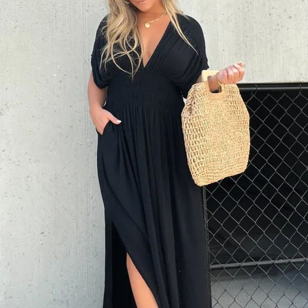 Damen Maxikleid mit tiefem V-Ausschnitt und praktischen Seitentaschen EB