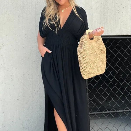 Damen Maxikleid mit tiefem V-Ausschnitt und praktischen Seitentaschen EB