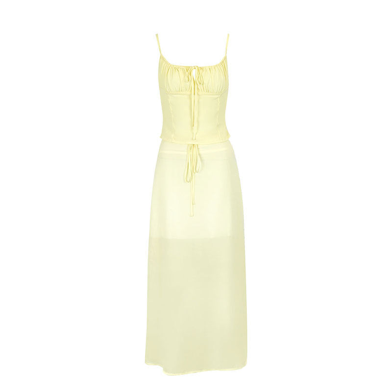 Damen Maxikleid mit verstellbaren Spaghettiträgern und raffiniertem Wickeldetail EB