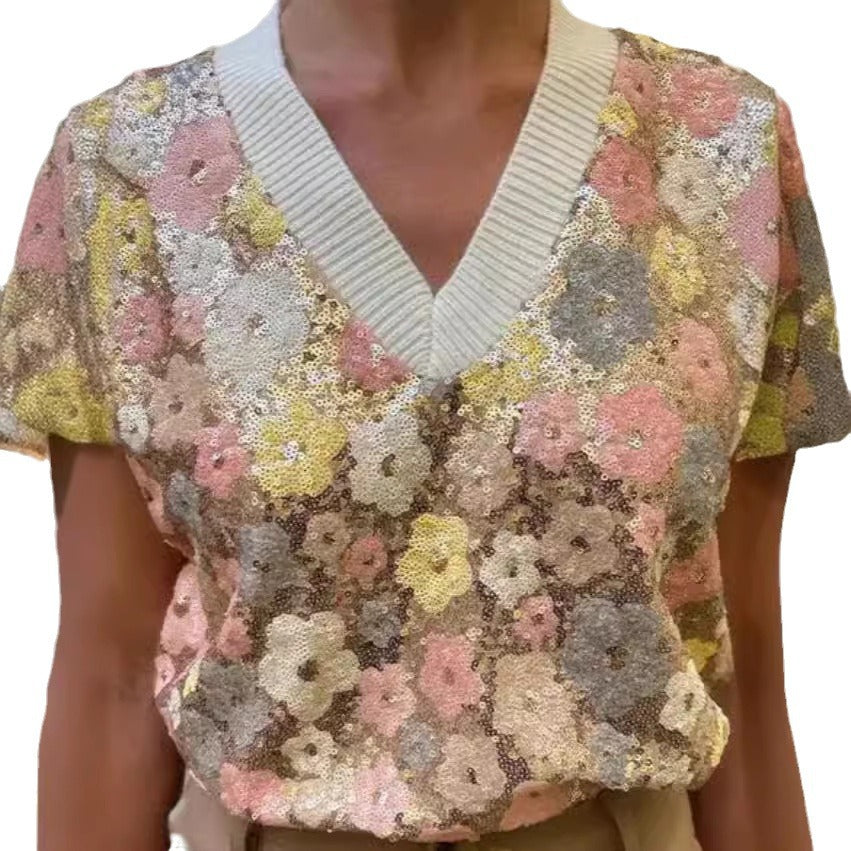 Damen Glamouröses Strickoberteil mit Blumenapplikationen und funkelnden Pailletten EB