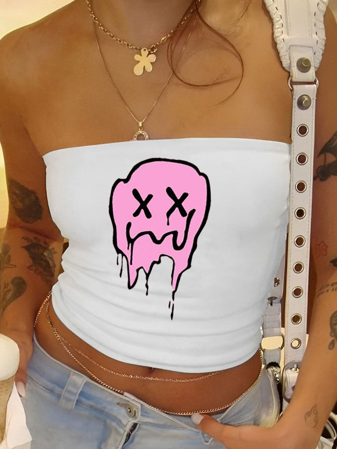Damen Bandeau-Oberteil mit fruchtigem Motiv und figurbetontem Schnitt EB