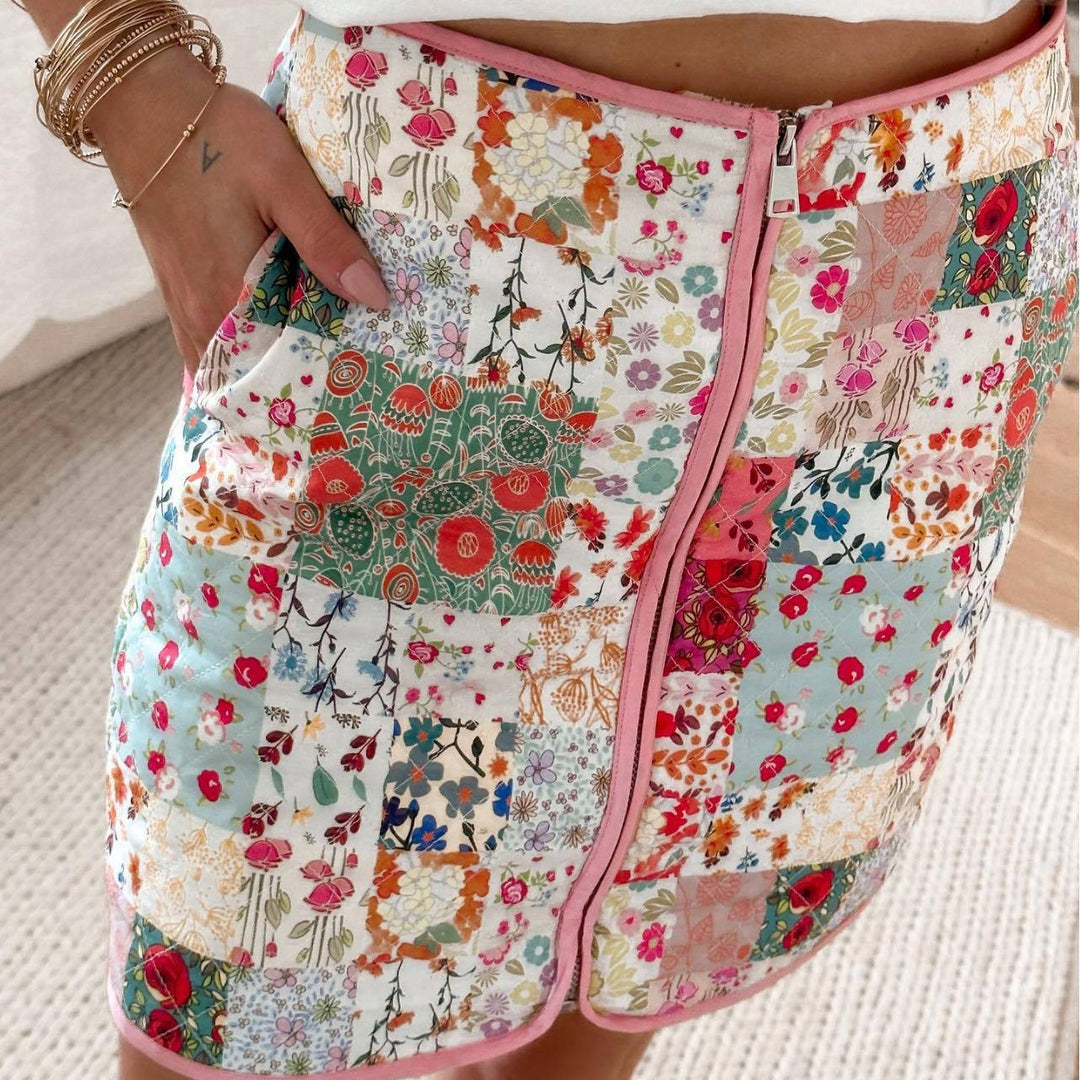 Damen Patchwork Rock mit Reißverschluss und seitlichen Taschen EB