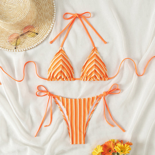 Damen Triangel-Bikini mit raffinierten Streifen und verspielten Schleifen EB