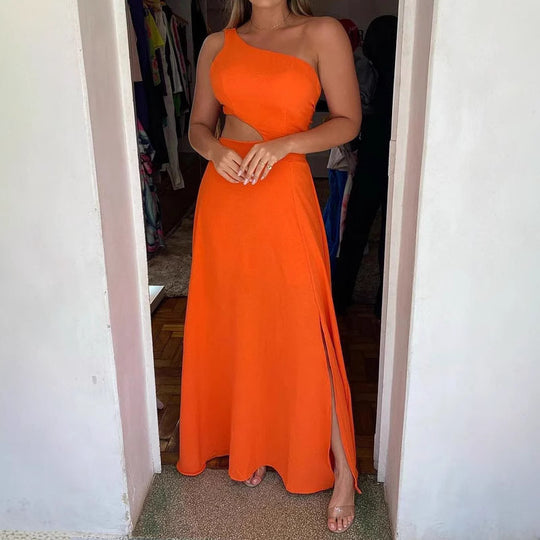 Damen Elegantes Maxikleid mit asymmetrischem Ausschnitt und Seitenschlitzen EB