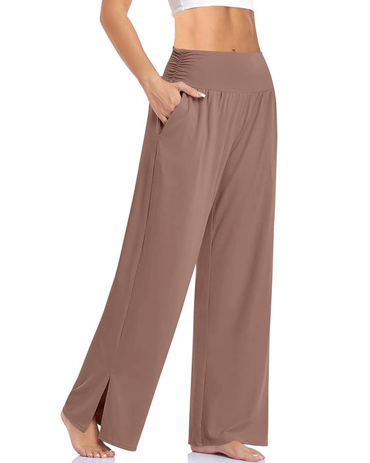 Damen nan weite Yogahose mit hohem Komfortbund, seitlichen Eingrifftaschen und seitlichem Bein-Schlitz EB
