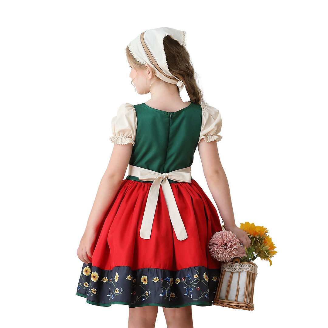 Damen nan traditionelles Kinderdirndl Kleid mit dekorativer Schnürung Schürze und Spitzenkopftuch EB