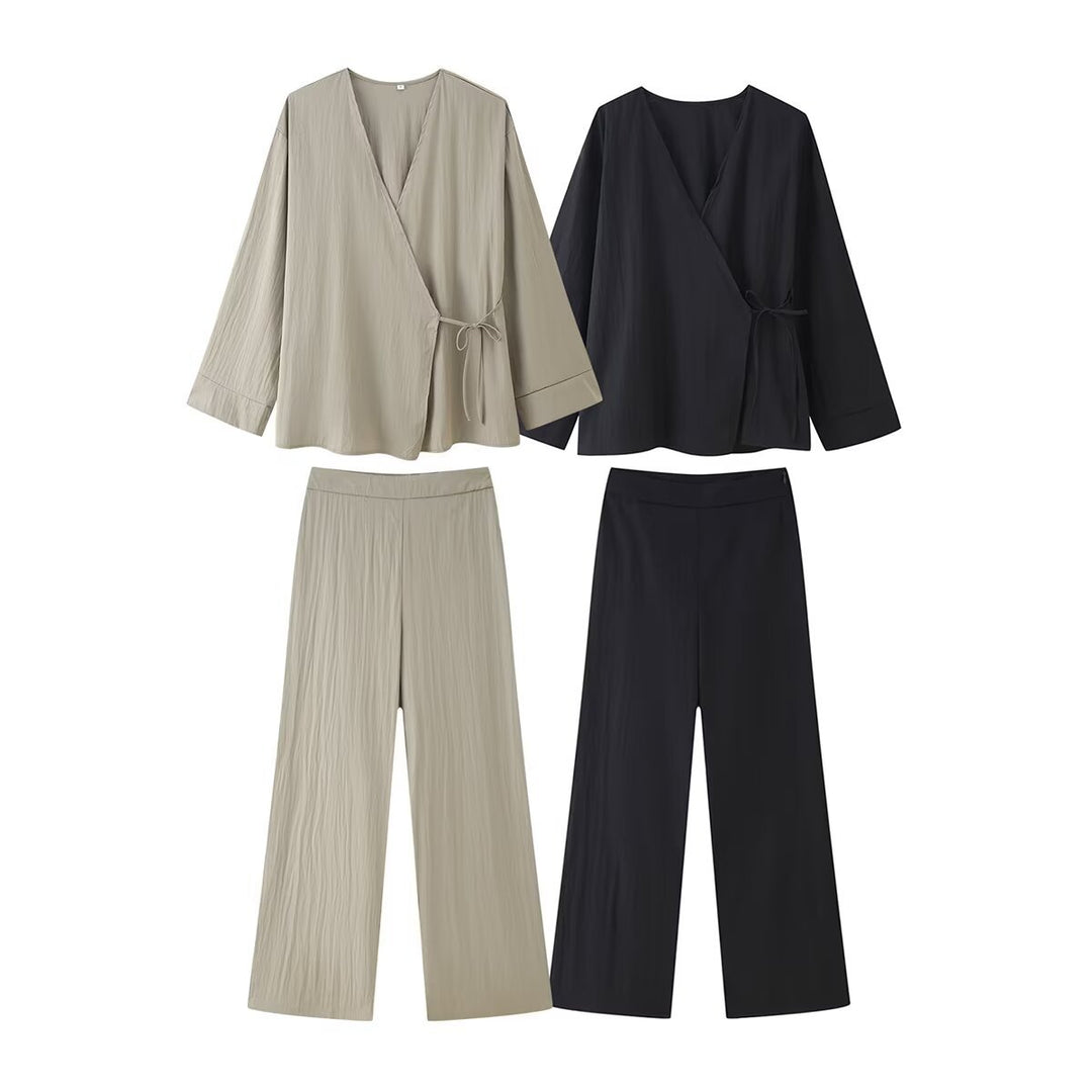 Damen Wickelbluse und Palazzo-Hose Set EB