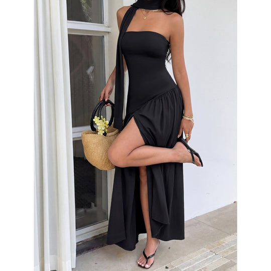 Damen Elegantes Maxikleid mit asymmetrischem Saum und schickem Trägerdesign EB