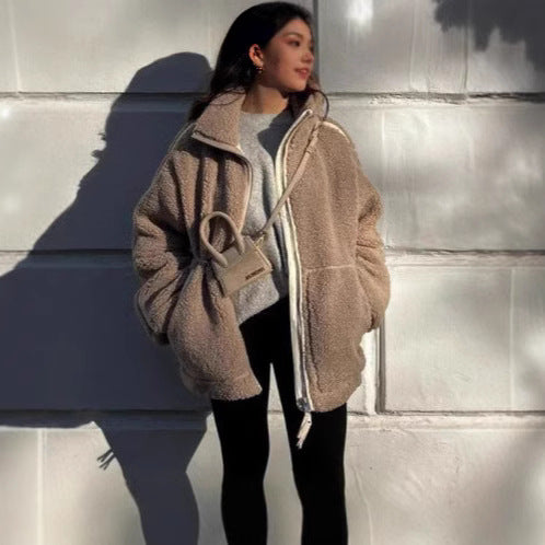 Damen Teddy-Fleecejacke mit hohem Kragen und seitlichen Reißverschlusstaschen EB