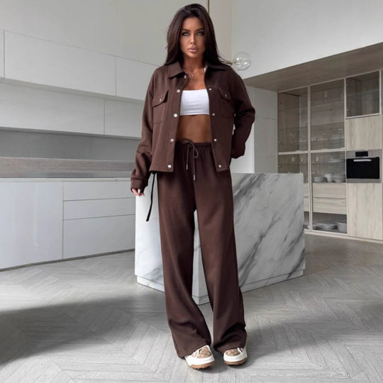 Damen Zweiteiliges Loungewear-Set mit tailliertem Blouson, Bindegürtel und weiter Palazzo-Hose EB