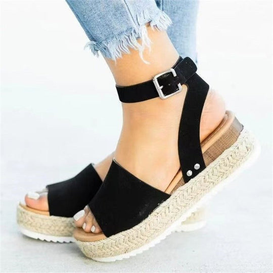 Damen Wedge-Sandaletten mit verstellbarem Riemen und luxuriösem Bastdesign EB