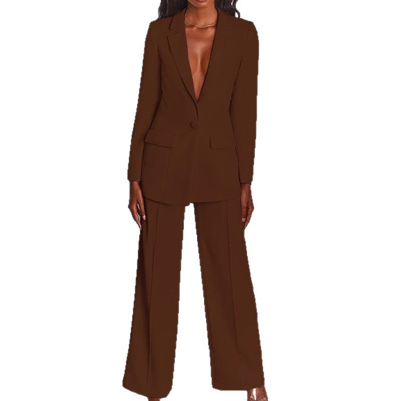 Damen nan taillierter Hosenanzug mit tiefem Revers, Ein-Knopf-Verschluss und Palazzo-Hose EB