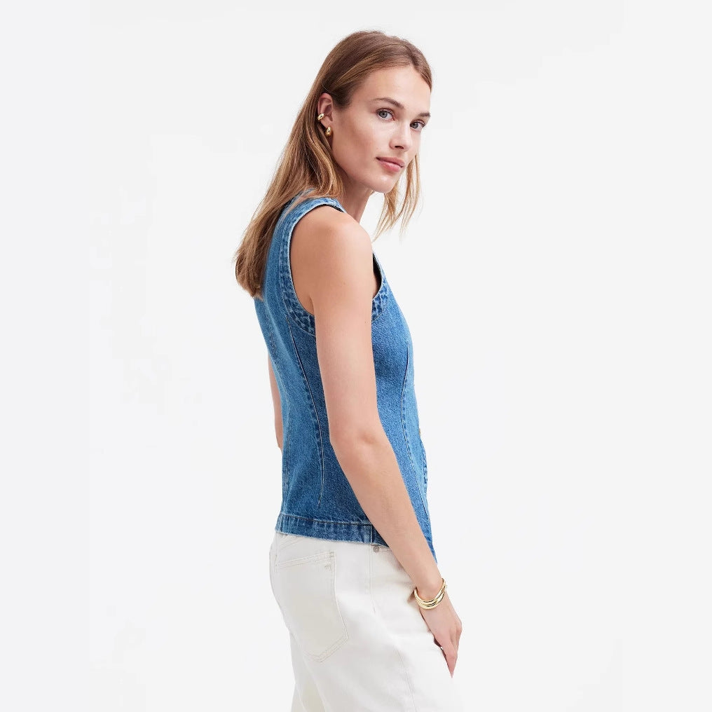 Damen Jeansweste mit Knopfleiste und seitlichen Eingrifftaschen EB