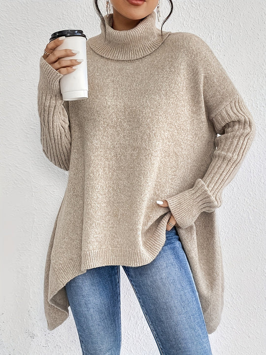Damen nan Oversize Strickpullover mit hohem Rollkragen, gerippten Ärmeln und asymmetrischem Saum EB