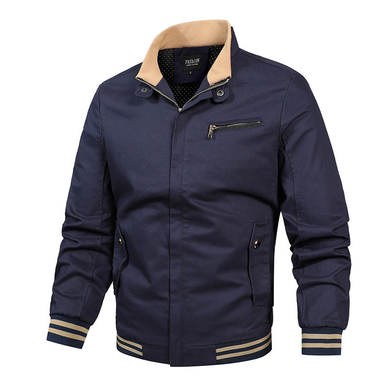 Herren nan moderne Canvas-Bomberjacke im Varsity-Stil mit gestreiften Rippbündchen und verdeckter Frontleiste EB