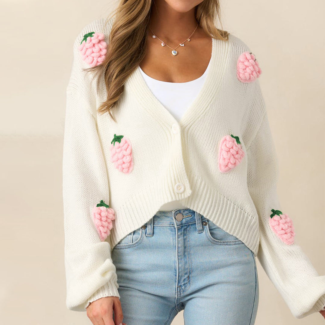 Damen lässige Strickjacke mit fruchtigen Applikationen und offenen Ärmeln EB