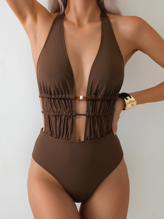 Damen Eleganter Monokini mit tiefem V-Ausschnitt und raffinierten Details EB