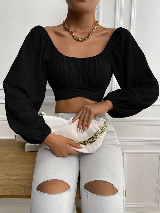 Damen Crop-Top mit Ballettärmeln und gerafftem Design EB