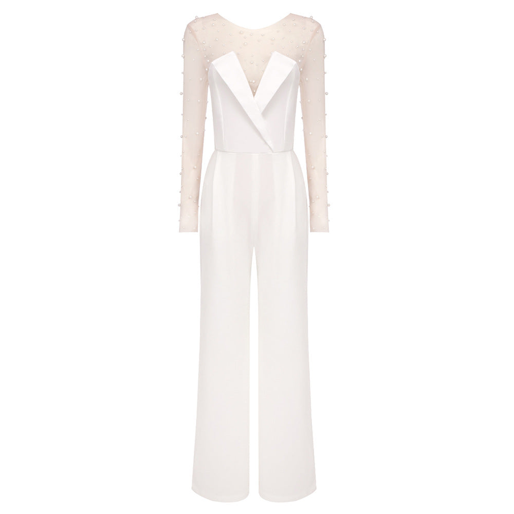 Damen eleganter Jumpsuit mit transparenten Ärmeln und Perlenverzierung EB