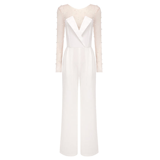 Damen eleganter Jumpsuit mit transparenten Ärmeln und Perlenverzierung EB