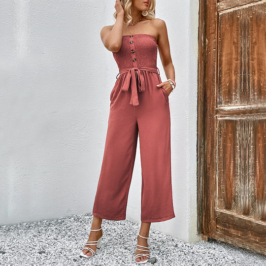 Damen Jumpsuit mit schicke Rüschendetails und taillierbarem Gürtel EB