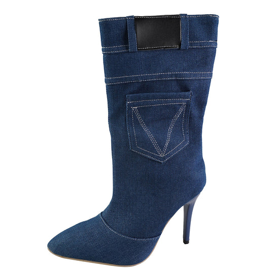 Damen Overknee-Stiefel aus hochwertigem Denim mit elegantem Absatz EB
