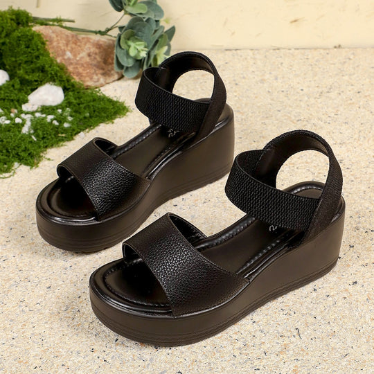 Damen Wedge-Pantoletten mit elastischem Riemendesign und trendiger Oberflächenstruktur EB