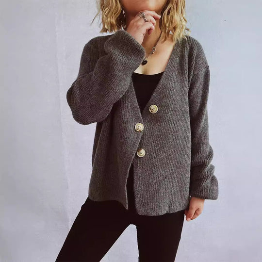 Damen lässiger Strickcardigan mit dekorativen Knopfdetails EB