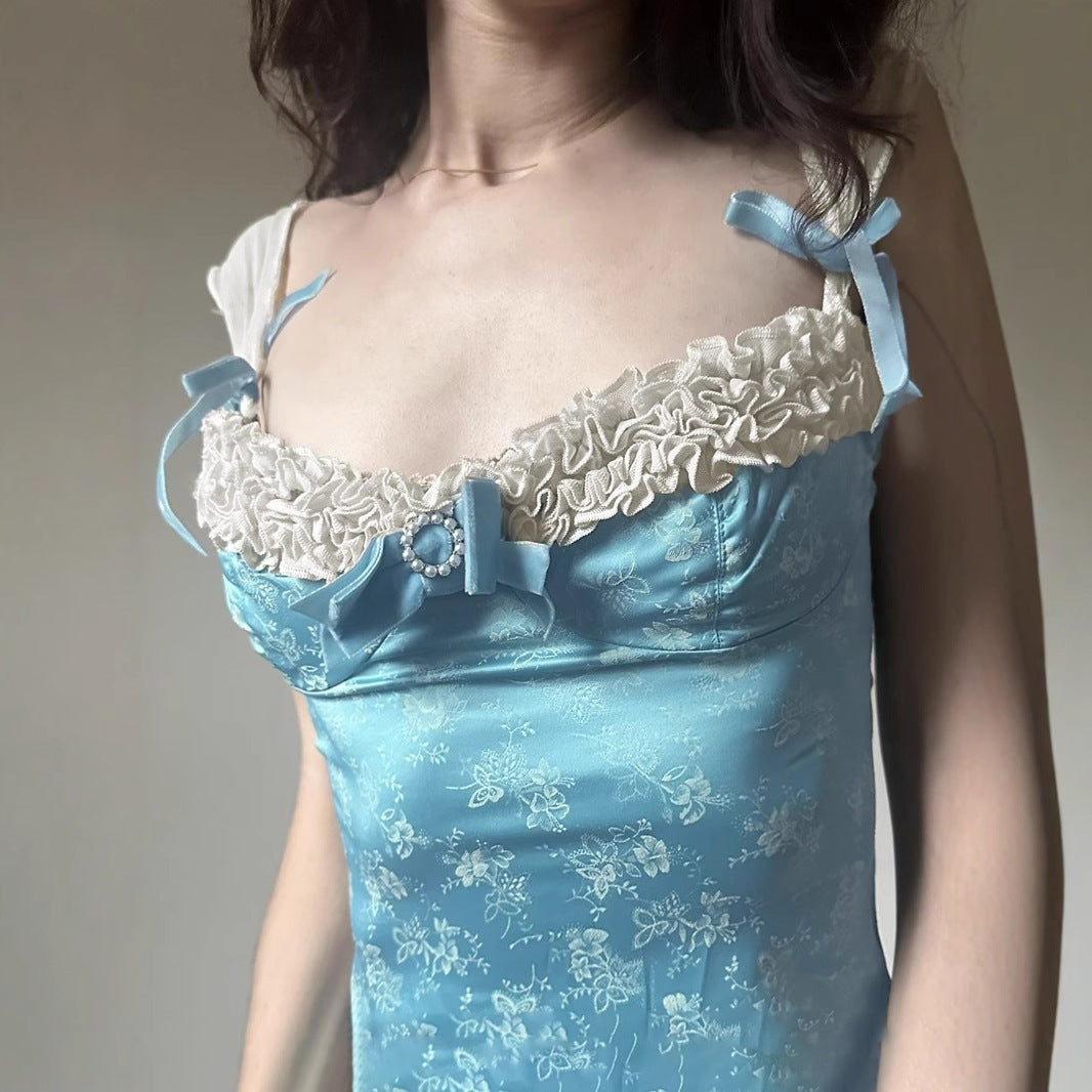 Damen Spaghetti-Trägertop mit floralen Akzenten und Rüschendetails EB