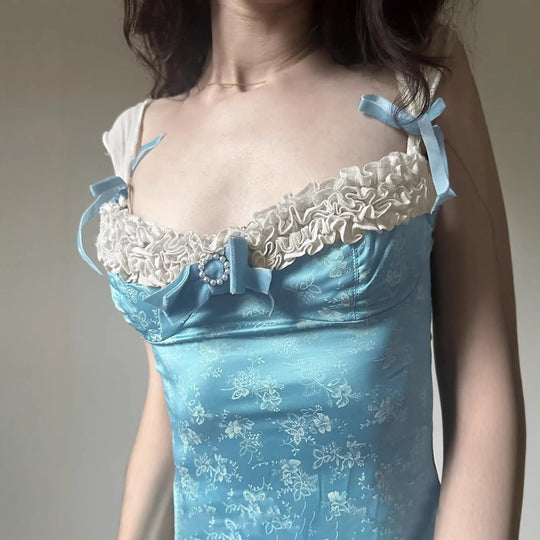 Damen Spaghetti-Trägertop mit floralen Akzenten und Rüschendetails EB