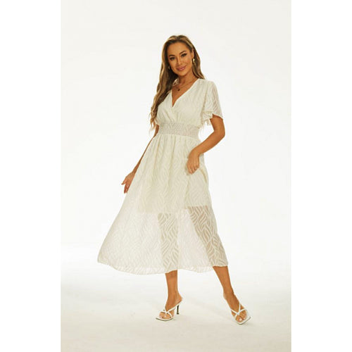 Damen Maxi-Kleid mit elegantem V-Ausschnitt und feinen Rüschendetails EB