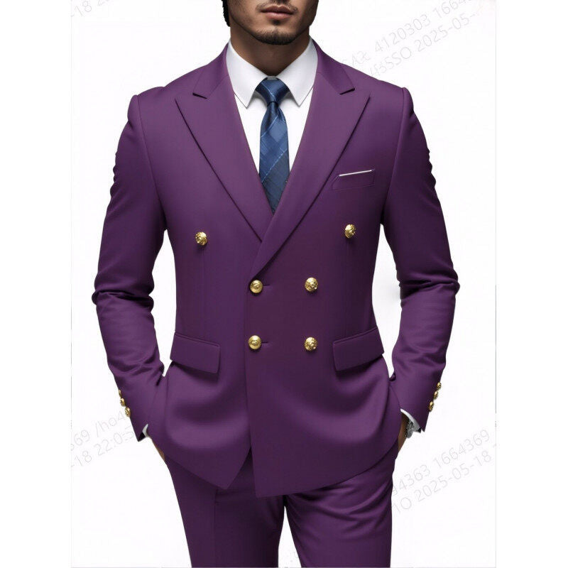 Herren nan doppelreihiger Slim-Fit Anzug mit goldenen Zierknöpfen und schmaler Businesshose EB