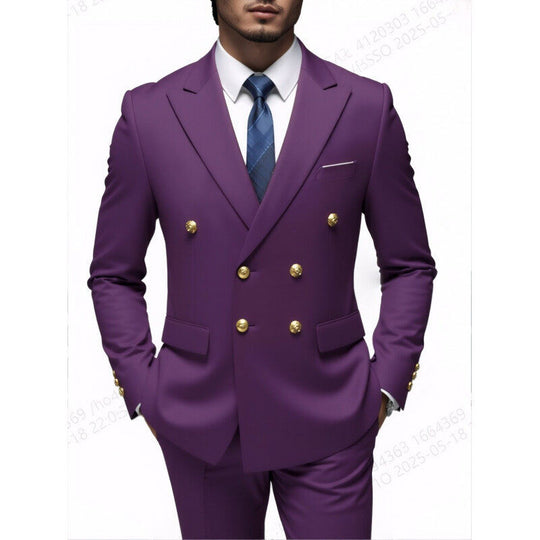 Herren nan doppelreihiger Slim-Fit Anzug mit goldenen Zierknöpfen und schmaler Businesshose EB