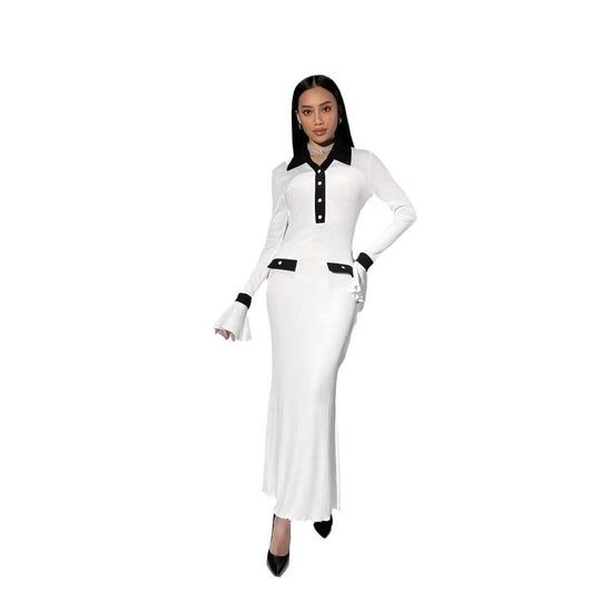 Damen elegantes Maxikleid mit Kontrastkragen und schmeichelhaften Ärmelverzierungen EB