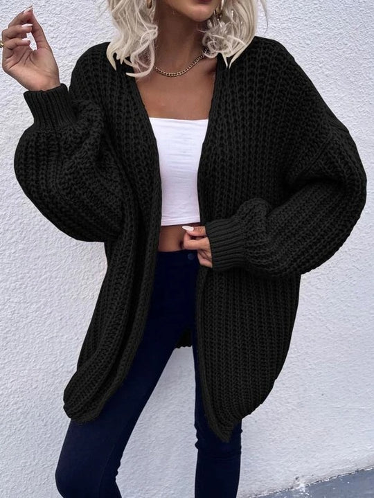 Damen lässiger Grobstrick-Cardigan mit tiefen Taschen und voluminösen Ärmeln EB