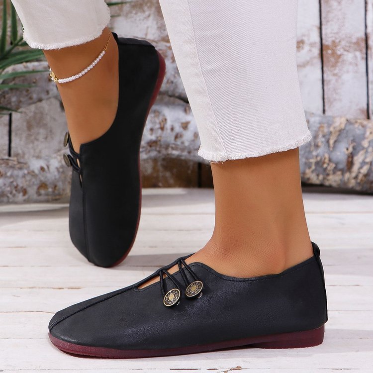 Damen nan elegante Komfort-Slipper im Mokassinstil mit elastischer Zierkordel und Knopfdetail EB