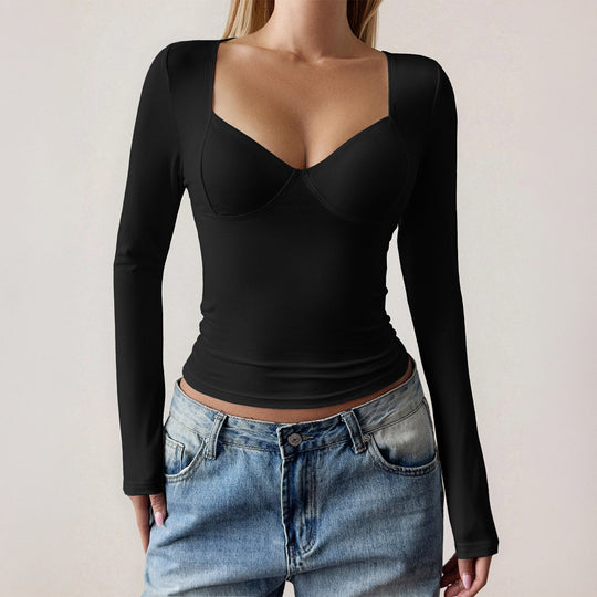 Damen nan figurbetontes Langarm-Top mit integrierten Bügelcups, quadratischem Ausschnitt und Sculpting-Effekt EB