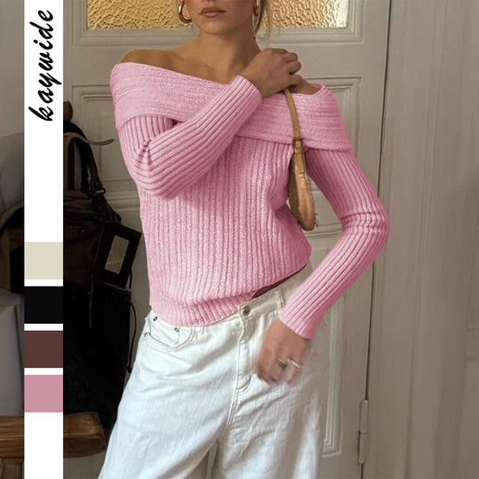 Damen nan Off-Shoulder Rippstrickpullover mit schmaler Silhouette und gerolltem Ausschnitt EB