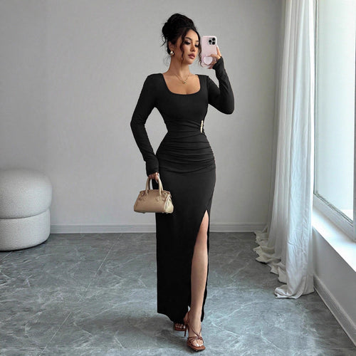Damen nan körpernahes Maxikleid mit Quadratausschnitt, taillierter Raffung und hohem Seitenschlitz EB