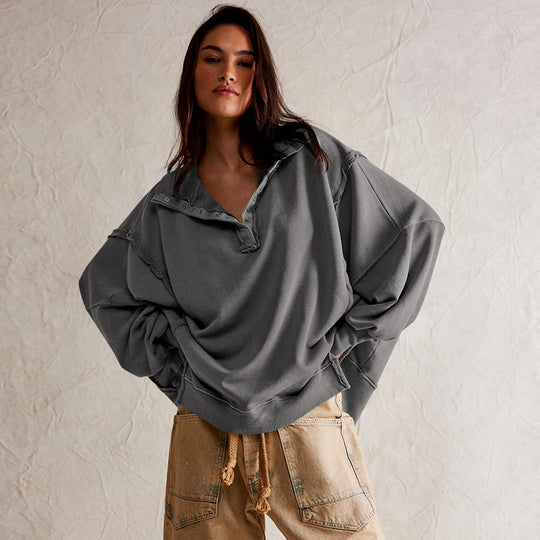 Damen Oversize Pullover mit Kragen und Druckknöpfen EB